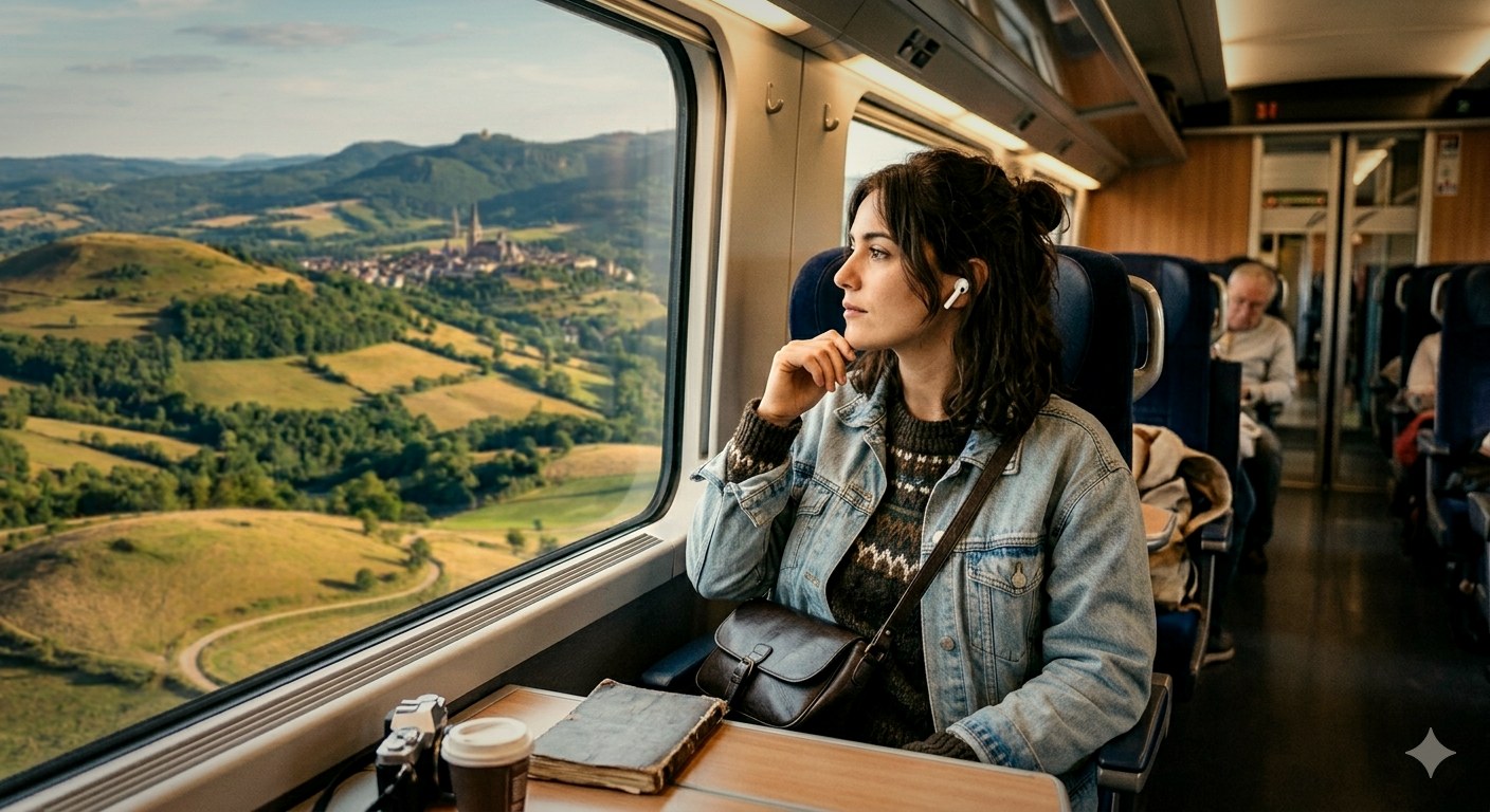 Voyageuse qui écoute MobiSee dans le train
